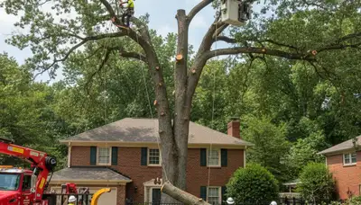 Professional arborists performing safe tree removal with bucket truck in Atlanta, GA