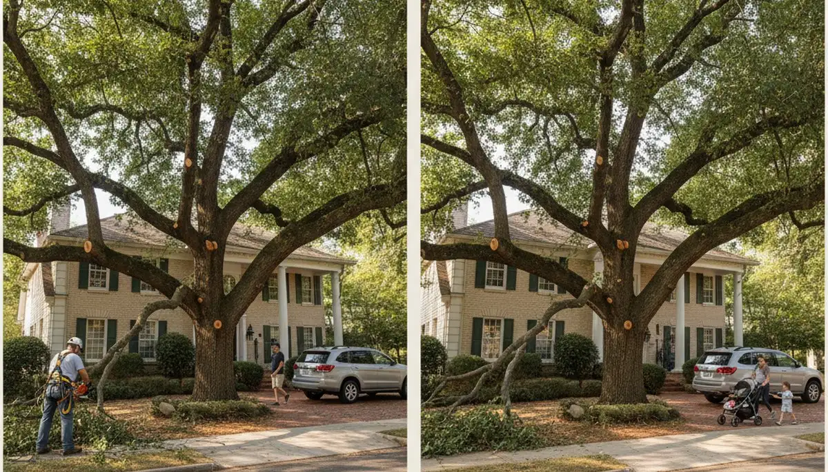 Arborist lifting tree canopy for better clearance on Atlanta GA driveway during professional tree trimming