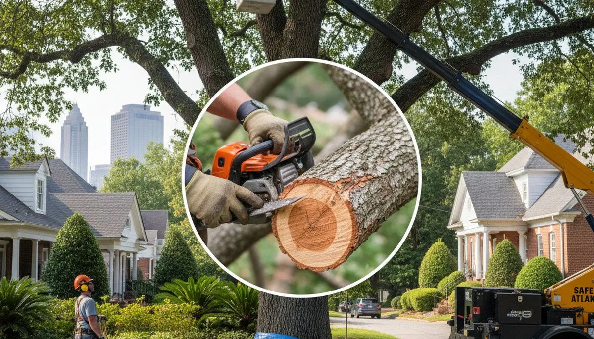 Arborist removing dead branches during professional tree trimming in Atlanta, GA for storm safety