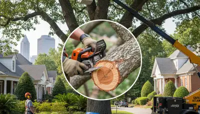 Arborist removing dead branches during professional tree trimming in Atlanta, GA for storm safety