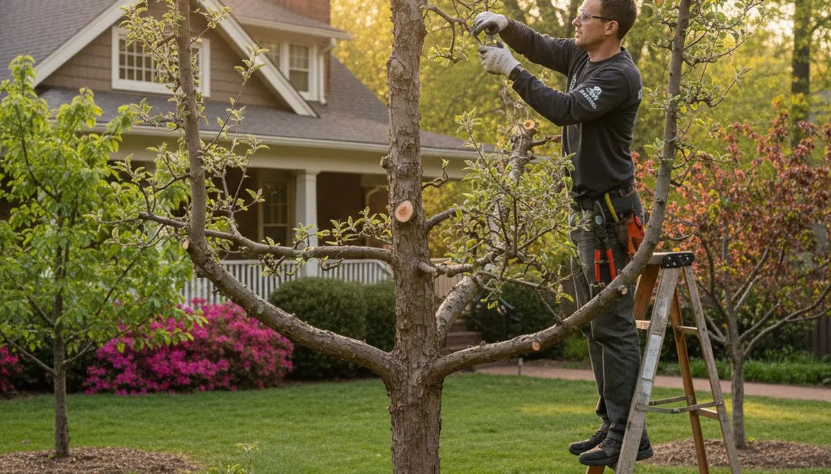 Arborist pruning fruit tree in Atlanta GA backyard orchard for healthy growth and improved harvest