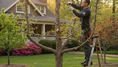 Arborist pruning fruit tree in Atlanta GA backyard orchard for healthy growth and improved harvest