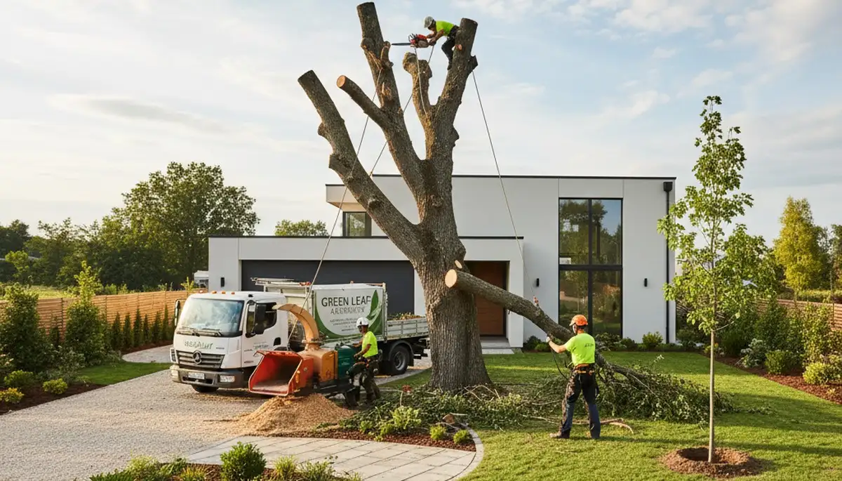 Professional landscaping and tree removal service crew working in Atlanta, GA backyard