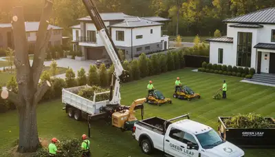 Professional lawn and tree service team working in Atlanta, GA yard