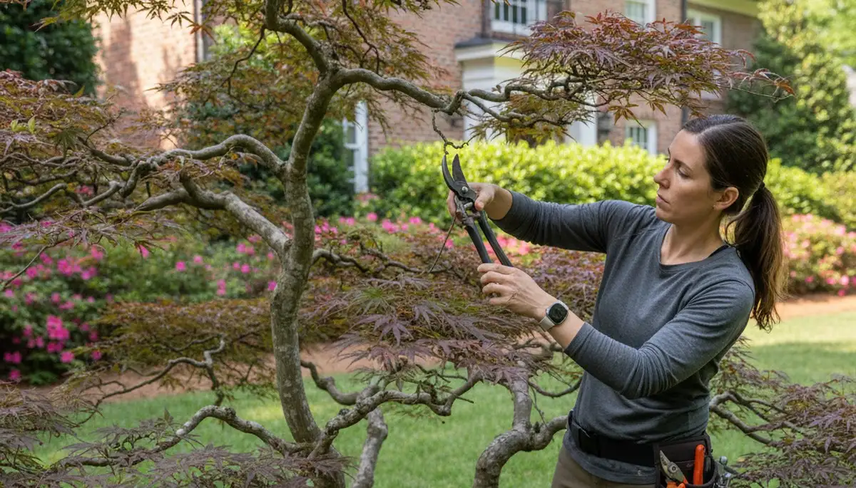 Arborist hand pruning ornamental Japanese maple for expert tree shaping in Atlanta, GA landscape