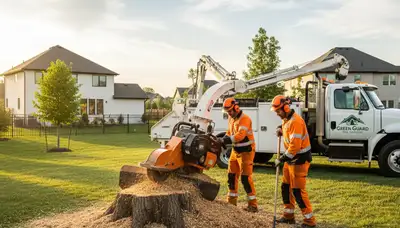 Professional stump removal crew clearing yard in Atlanta, GA for Chop Chop Tree services