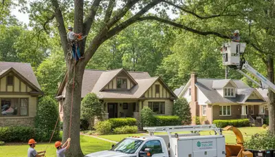 Professional tree removal service in Atlanta GA safely cutting and clearing large oak trees