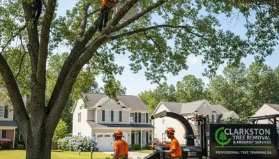 Professional tree removal service in Atlanta GA safely cutting and clearing large oak trees