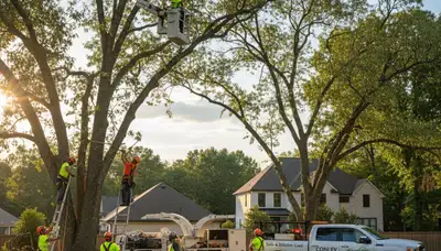 Professional tree removal service in Atlanta GA safely cutting large oak near residential property