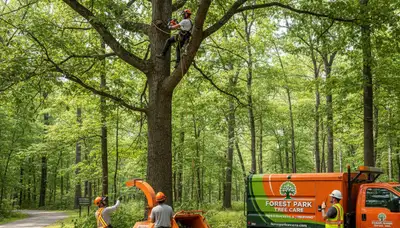 Professional tree removal service in Atlanta GA safely cutting and clearing large oak trees