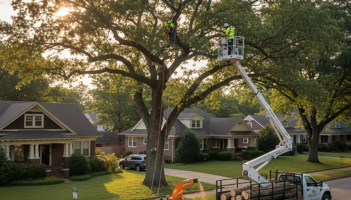 Professional tree removal service in Atlanta, GA safely cutting and clearing large oak tree