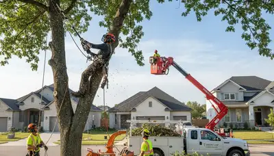 Arborist trimming tall oak tree in residential yard, professional tree service in Atlanta, GA