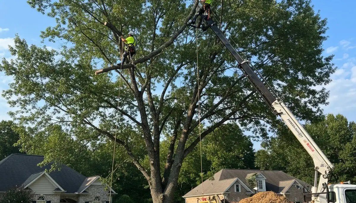 Professional tree removal service in Atlanta, GA clearing large oak near residential property