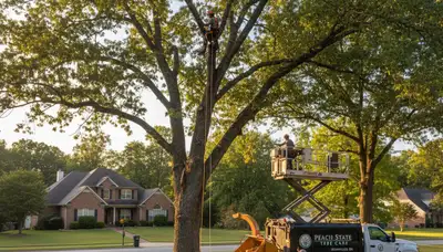 Professional tree removal service crew working safely in Atlanta, GA residential neighborhood