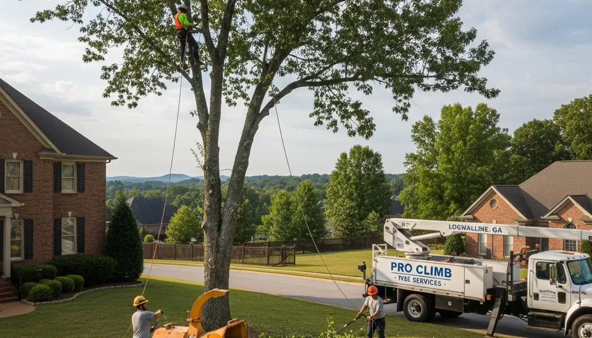 Professional tree removal service in Atlanta GA safely clearing large oak tree from residential yard