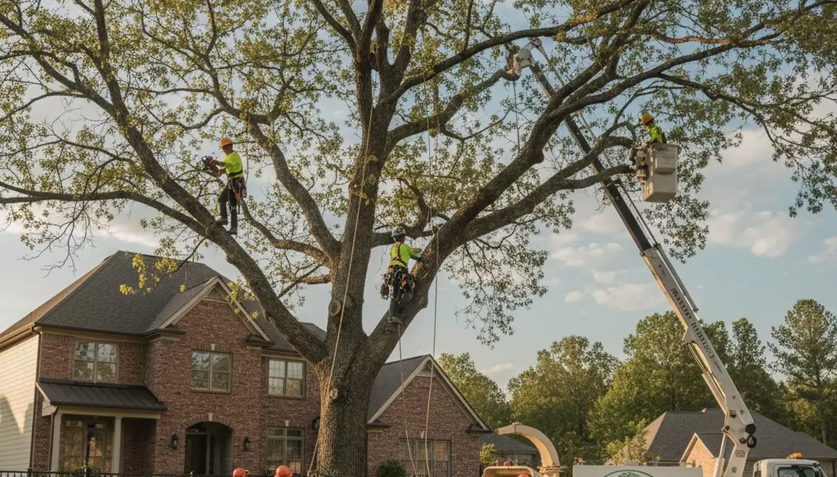 Professional tree removal service in Atlanta GA safely cutting down large oak trees