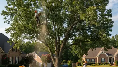 Professional tree removal service team working in Atlanta GA neighborhood