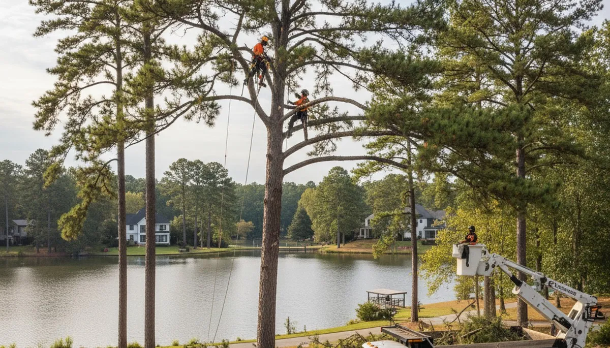Professional tree removal service crew working safely in Atlanta, GA neighborhood
