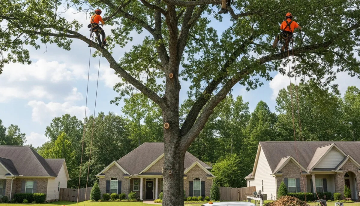 Professional tree removal service in Atlanta GA safely cutting and clearing large oak tree