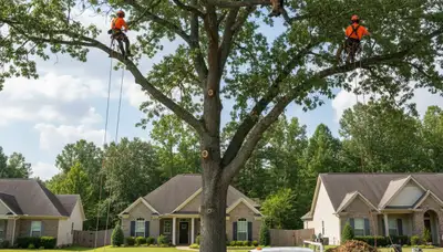 Professional tree removal service in Atlanta GA safely cutting and clearing large oak tree