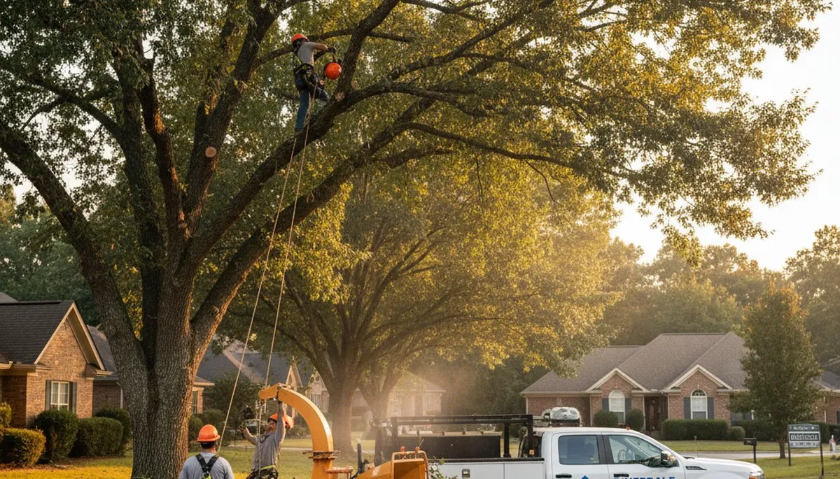 Professional tree removal service in Atlanta GA safely cutting and clearing large oak trees
