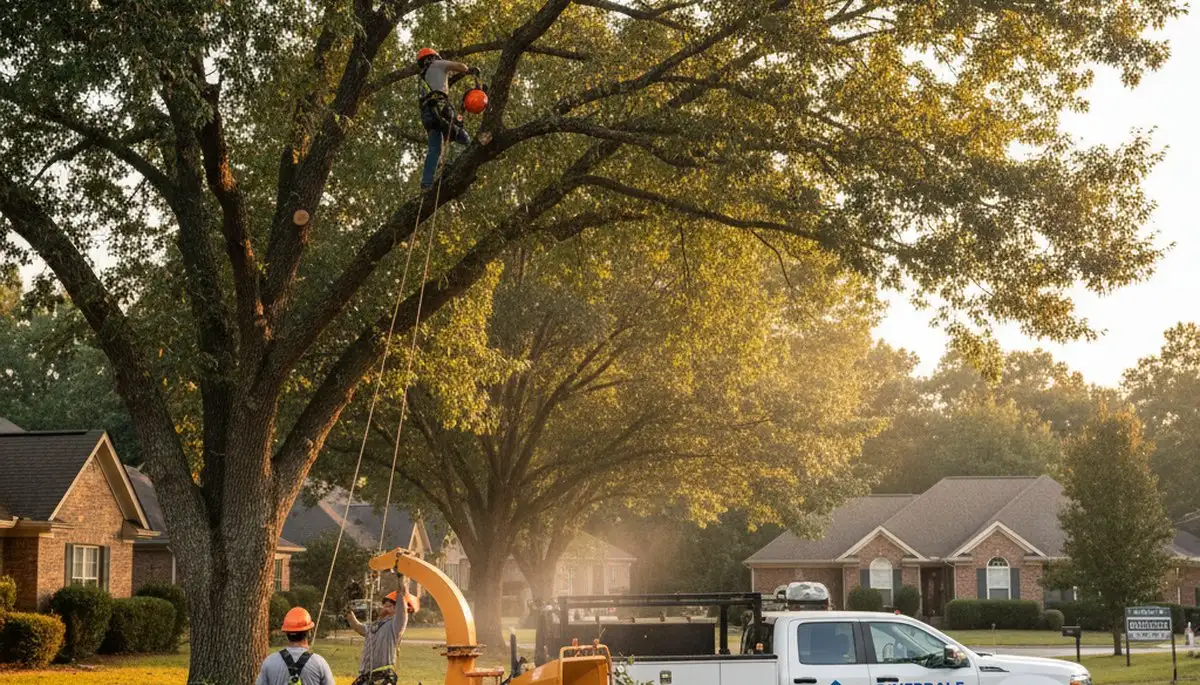 Professional tree removal service in Atlanta GA safely cutting and clearing large oak trees