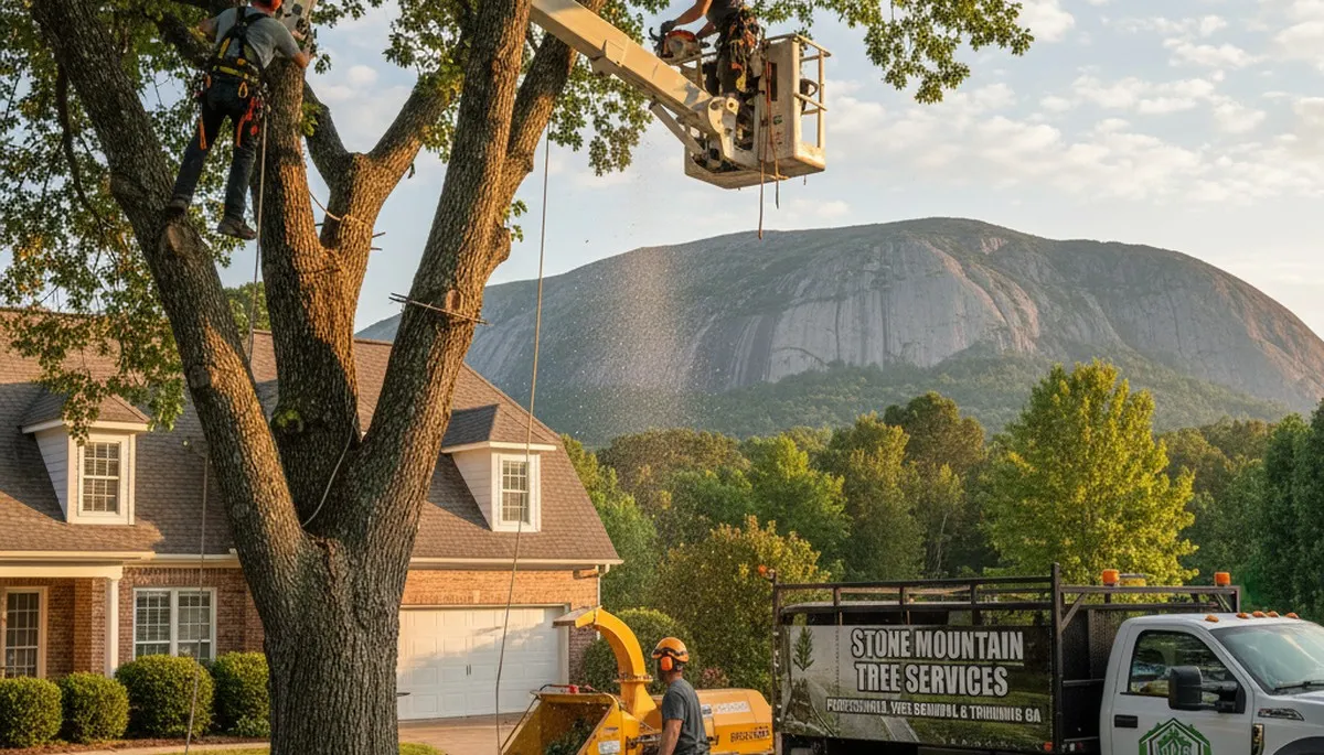 Professional tree removal service in Atlanta GA safely cutting and clearing large oak tree